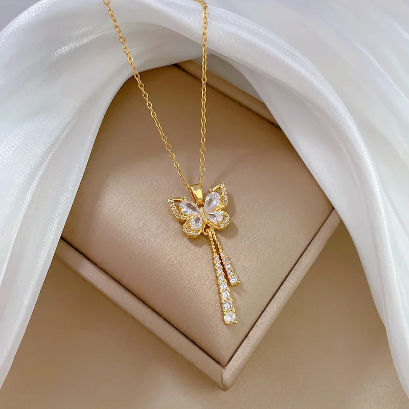 Clássico encantador romântico branco borla borboleta colar elegante micro-incrustado temperamento versátil presente de aço inoxidável