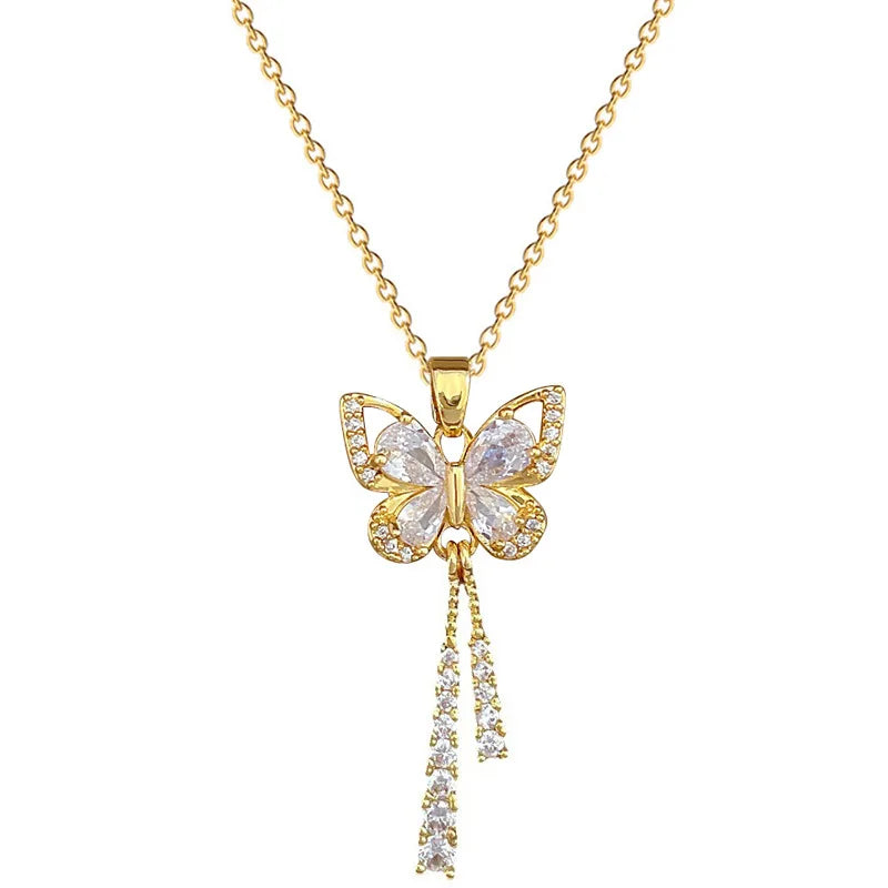 Clássico encantador romântico branco borla borboleta colar elegante micro-incrustado temperamento versátil presente de aço inoxidável
